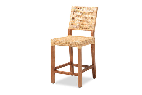 bali & pari Lesia Modern Bohemian Natural Brown Rattan and Walnut Brown Mahogany Wood Counter Stool