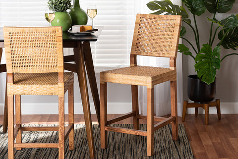 bali & pari Lesia Modern Bohemian Natural Brown Rattan and Walnut Brown Mahogany Wood Counter Stool