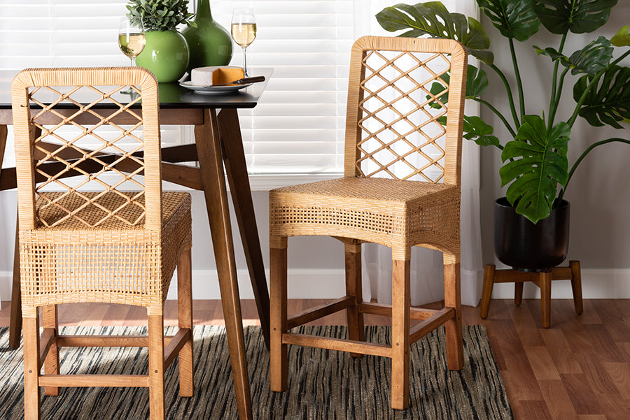 bali & pari Moscow Modern Bohemian Natural Brown Rattan and Walnut Brown Mahogany Wood Counter Stool