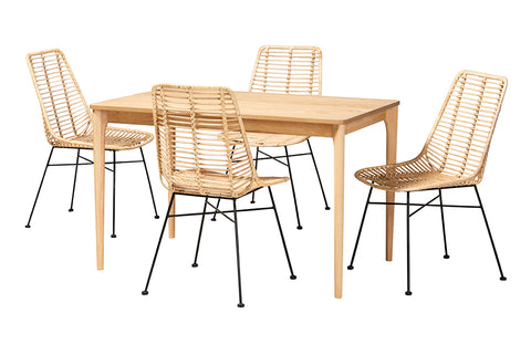 Baxton Studio Manhattan Modern Bohemian Rattan and Natural Oak Finished Wood 5-Piece Dining Set