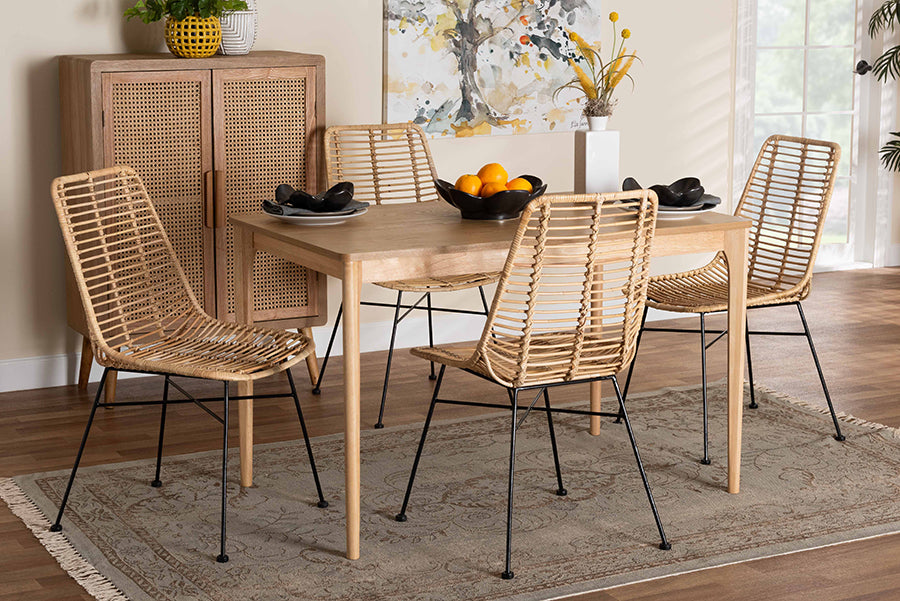 Baxton Studio Manhattan Modern Bohemian Rattan and Natural Oak Finished Wood 5-Piece Dining Set