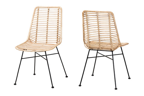 bali & pari Manhattan Modern Bohemian Natural Brown Rattan and Black Metal 2-Piece Dining Chair Set