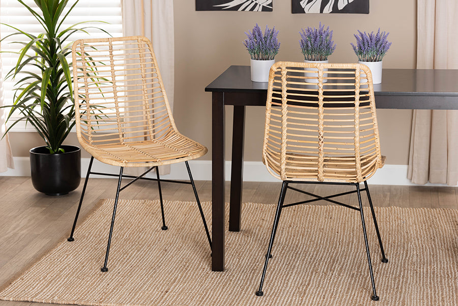 bali & pari Manhattan Modern Bohemian Natural Brown Rattan and Black Metal 2-Piece Dining Chair Set