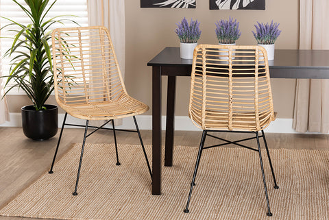 bali & pari Manhattan Modern Bohemian Natural Brown Rattan and Black Metal 2-Piece Dining Chair Set