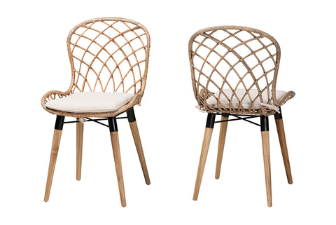 bali & pari Sabelle Modern Bohemian Natural Brown Finished Teak Wood and Greywashed Rattan 2-Piece Dining Chair Set