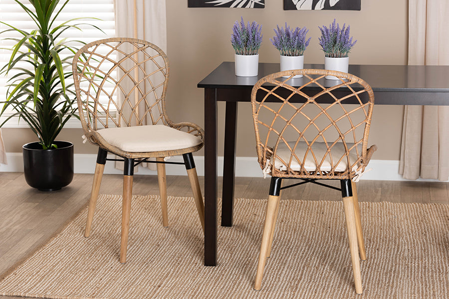 bali & pari Sabelle Modern Bohemian Natural Brown Finished Teak Wood and Greywashed Rattan 2-Piece Dining Chair Set