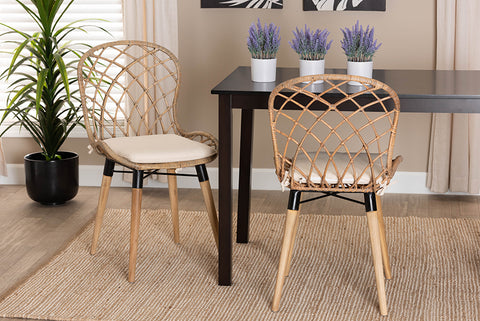 bali & pari Sabelle Modern Bohemian Natural Brown Finished Teak Wood and Greywashed Rattan 2-Piece Dining Chair Set