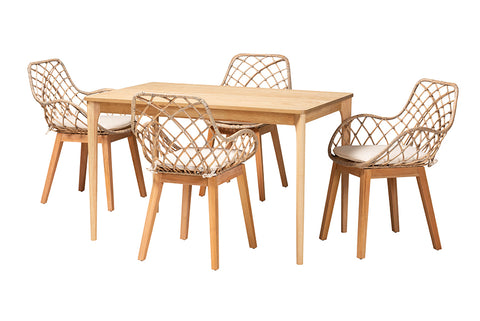 Baxton Studio Ballerina Modern Bohemian Greywashed Rattan and Natural Brown Finished Mahogany Wood 5-Piece Dining Set