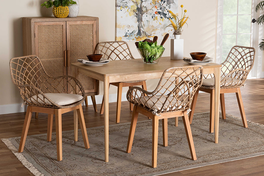Baxton Studio Ballerina Modern Bohemian Greywashed Rattan and Natural Brown Finished Mahogany Wood 5-Piece Dining Set
