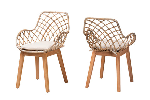 bali & pari Ballerina Modern Bohemian Greywashed Rattan and Natural Brown Finished Wood 2-Piece Dining Chair Set