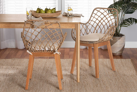 bali & pari Ballerina Modern Bohemian Greywashed Rattan and Natural Brown Finished Wood 2-Piece Dining Chair Set