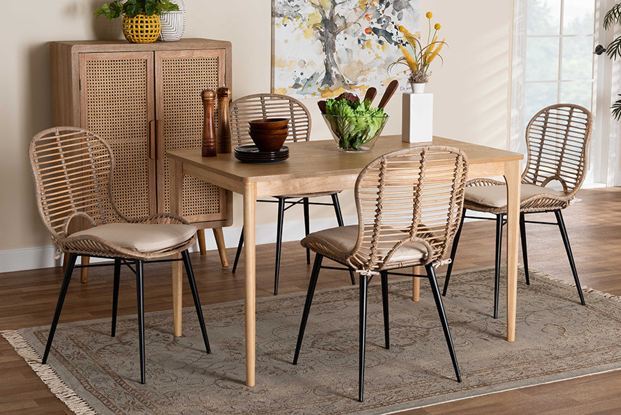 Baxton Studio Brenna Modern Bohemian Greywashed Rattan and Natural Brown Finished Wood 5-Piece Dining Set