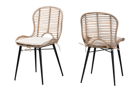 bali & pari Brenna Modern Bohemian Greywashed Rattan and Black Metal 2-Piece Dining Chair Set