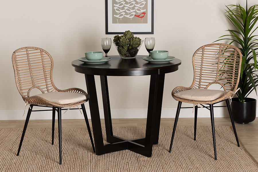 bali & pari Brenna Modern Bohemian Greywashed Rattan and Black Metal 2-Piece Dining Chair Set