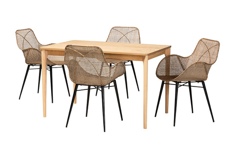 Baxton Studio Ballerina Modern Bohemian Greywashed Rattan and Black Metal 5-Piece Dining Set