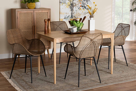 Baxton Studio Ballerina Modern Bohemian Greywashed Rattan and Black Metal 5-Piece Dining Set