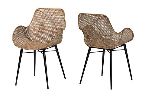 bali & pari Ballerina Modern Bohemian Greywashed Rattan and Black Metal 2-Piece Dining Chair Set