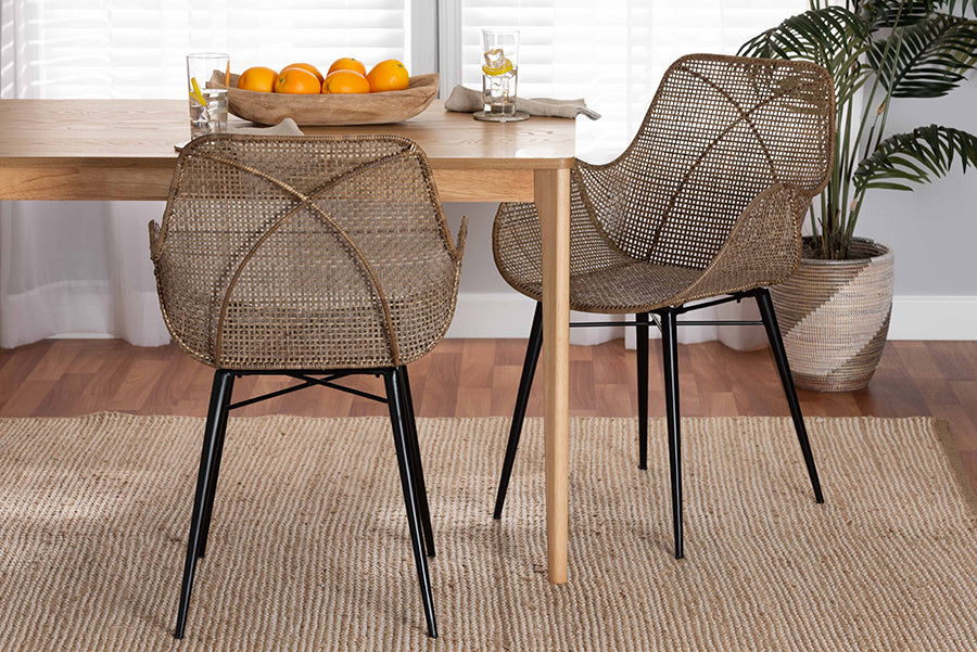 bali & pari Ballerina Modern Bohemian Greywashed Rattan and Black Metal 2-Piece Dining Chair Set