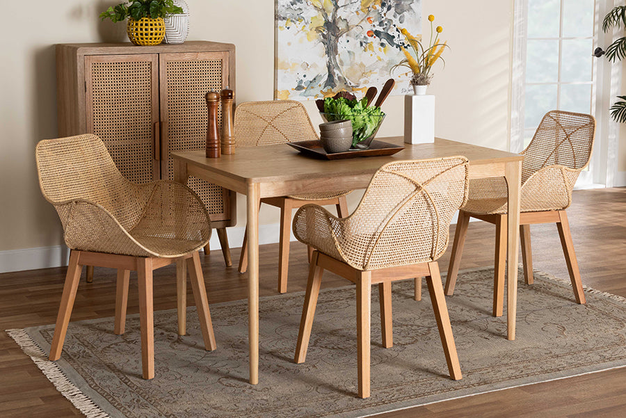 Baxton Studio Ballerina Japandi Natural Brown Mahogany Wood and Rattan 5-Piece Dining Set