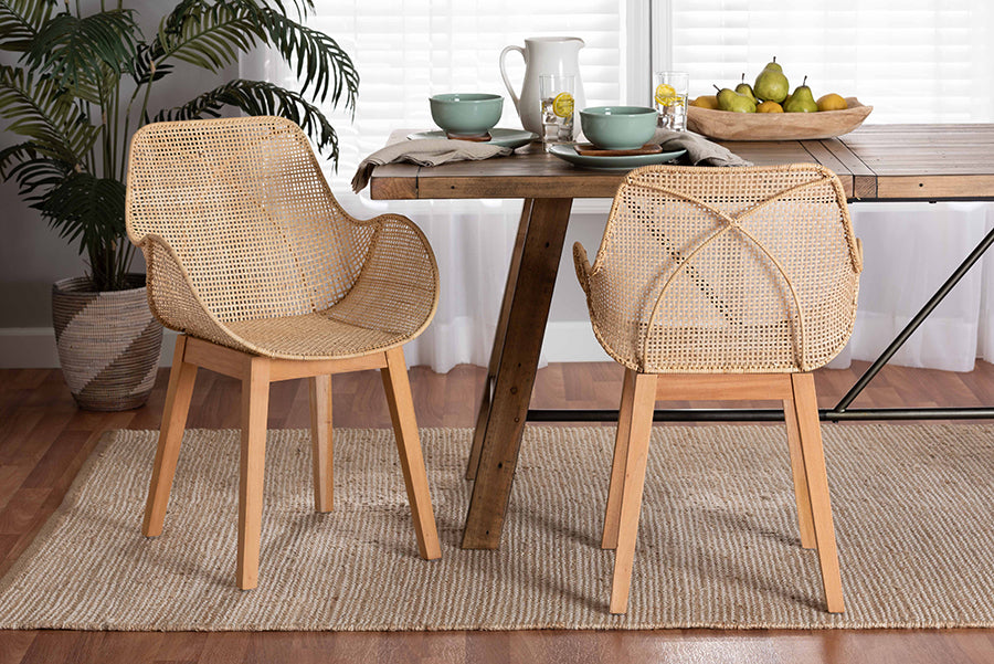 bali & pari Ballerina Japandi Natural Brown Finished Mahogany Wood and Rattan 2-Piece Dining Chair Set