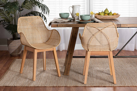 bali & pari Ballerina Japandi Natural Brown Finished Mahogany Wood and Rattan 2-Piece Dining Chair Set