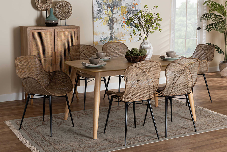 Baxton Studio Emmali Modern Bohemian Greywashed Rattan and Natural Brown Finished Wood 7-Piece Dining Set