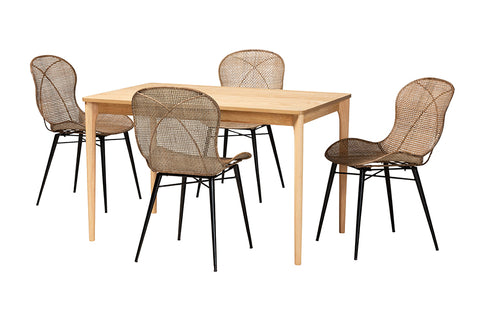 Baxton Studio Sabelle Japandi Natural Brown Finished Wood and Greywashed Rattan 5-Piece Dining Set