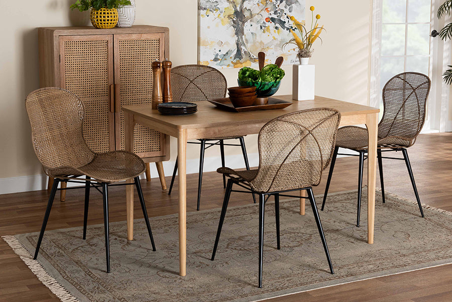 Baxton Studio Sabelle Japandi Natural Brown Finished Wood and Greywashed Rattan 5-Piece Dining Set