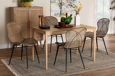 Baxton Studio Sabelle Japandi Natural Brown Finished Wood and Greywashed Rattan 5-Piece Dining Set