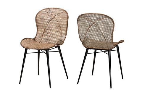 bali & pari Sabelle Japandi Greywashed Rattan and Black Metal 2-Piece Dining Chair Set