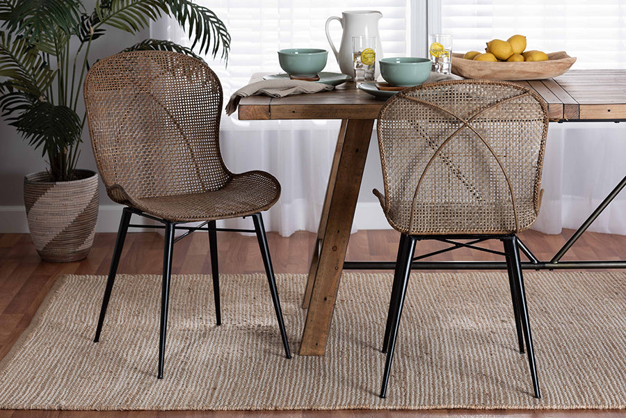 bali & pari Sabelle Japandi Greywashed Rattan and Black Metal 2-Piece Dining Chair Set