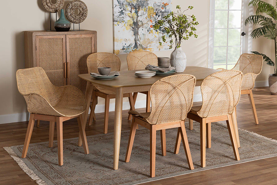 Baxton Studio Emmali Modern Bohemian Natural Brown Finished Wood and Rattan 7-Piece Dining Set