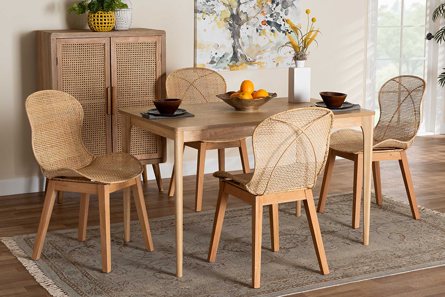 Baxton Studio Sabelle Japandi Natural Brown Mahogany Wood and Rattan 5-Piece Dining Set