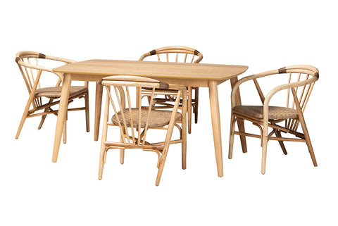 Baxton Studio Kyoto Modern Bohemian Natural Brown Finished Wood and Rattan 5-Piece Dining Set