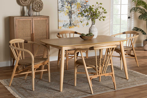 Baxton Studio Kyoto Modern Bohemian Natural Brown Finished Wood and Rattan 5-Piece Dining Set