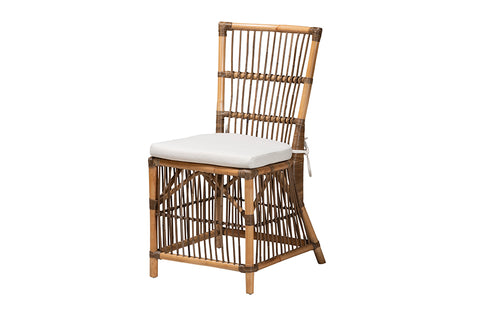 bali & pari Kim Modern Bohemian White Fabric and Natural Brown Rattan Dining Chair