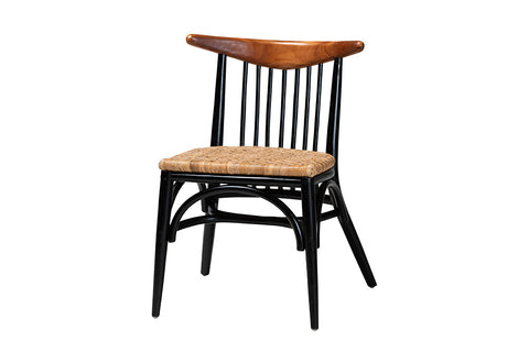 bali & pari Parthenia Mid-Century Modern Two-Tone Black and Walnut Brown Finished Mahogany Wood and Natural Rattan Dining Chair
