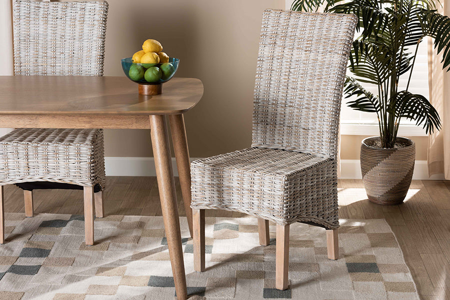 bali & pari Trianna Rustic Transitional Whitewashed Rattan and Natural Brown Finished Wood Dining Chair