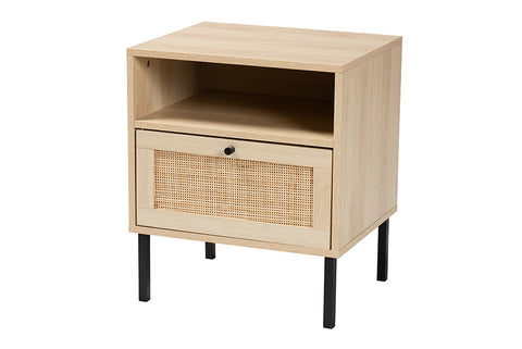 Baxton Studio Caterina Mid-Century Modern Transitional Natural Brown Finished Wood and Natural Rattan 1-Door End Table