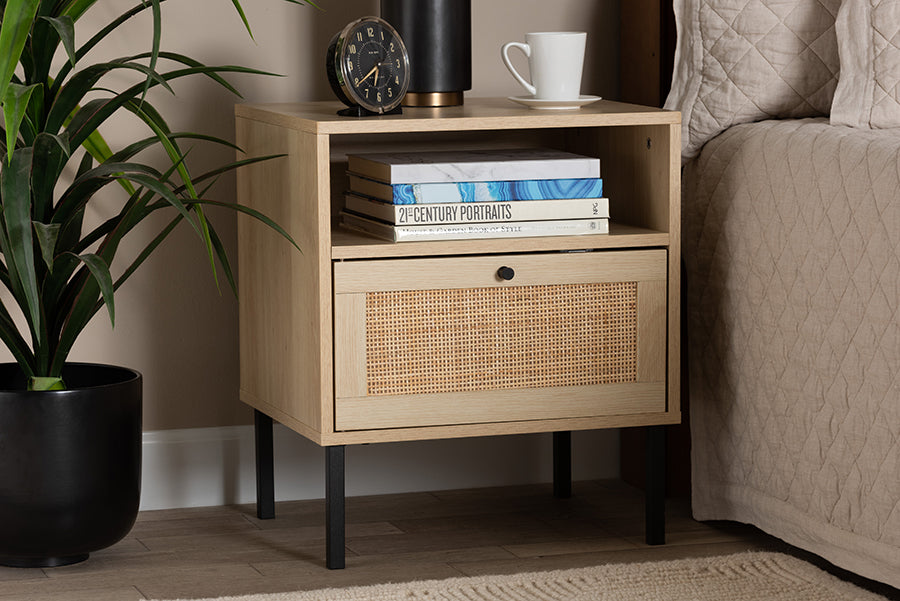 Baxton Studio Caterina Mid-Century Modern Transitional Natural Brown Finished Wood and Natural Rattan 1-Door End Table