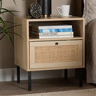 Baxton Studio Caterina Mid-Century Modern Transitional Natural Brown Finished Wood and Natural Rattan 1-Door End Table