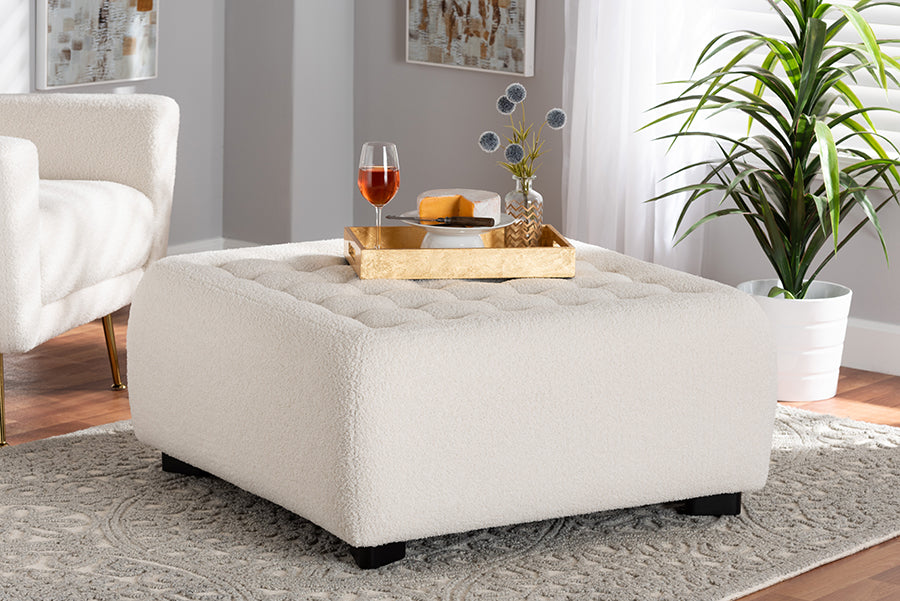 Baxton Studio Athena Modern and Contemporary Ivory Boucle Upholstered and Black Finished Wood Square Ottoman