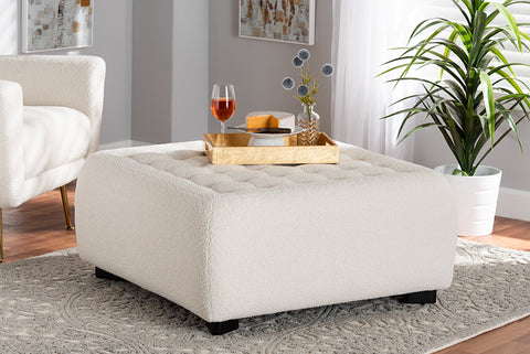 Baxton Studio Athena Modern and Contemporary Ivory Boucle Upholstered and Black Finished Wood Square Ottoman