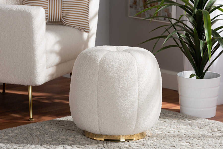 Baxton Studio Raelynn Modern and Contemporary Ivory Boucle Upholstered and Gold Metal Ottoman