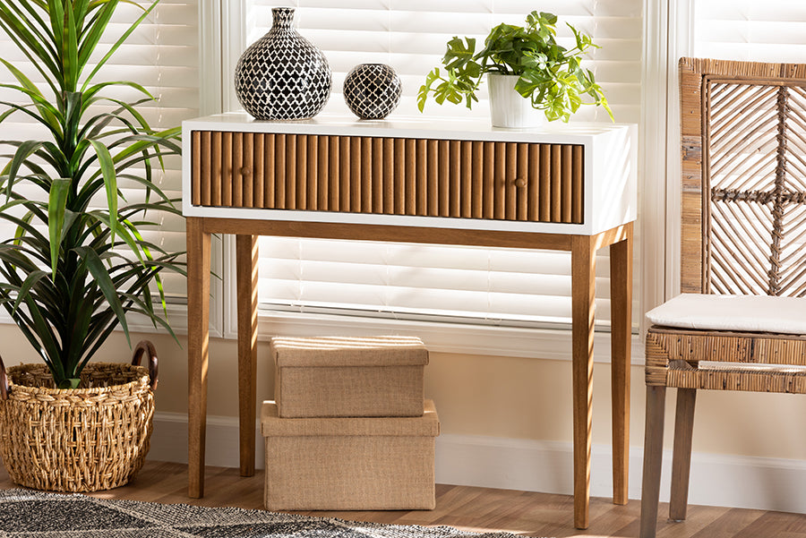 bali & pari Odile Mid-Century Modern Two-Tone Natural Brown and White Bayur Wood 1-Drawer Console Table
