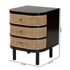 bali & pari Nabila Modern Bohemian Black Bayur Wood and Natural Rattan 3-Drawer End Table Nightstand