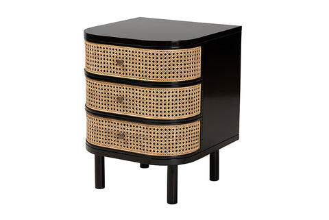 bali & pari Nabila Modern Bohemian Black Bayur Wood and Natural Rattan 3-Drawer End Table Nightstand