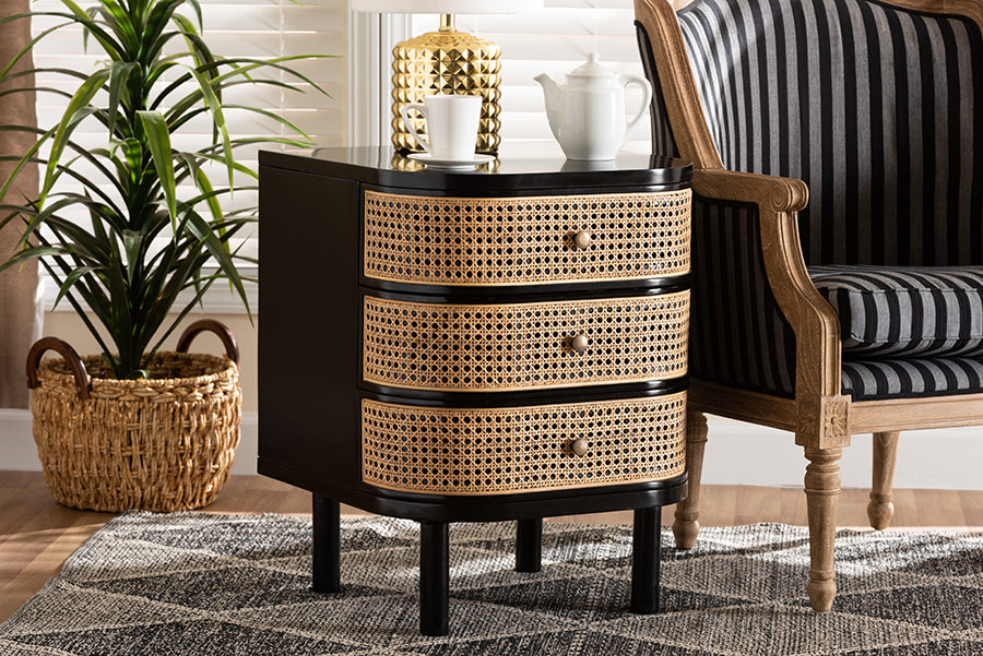 bali & pari Nabila Modern Bohemian Black Bayur Wood and Natural Rattan 3-Drawer End Table Nightstand