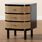 bali & pari Nabila Modern Bohemian Black Bayur Wood and Natural Rattan 3-Drawer End Table Nightstand
