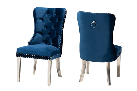 Baxton Studio Honora Contemporary Glam and Luxe Navy Blue Velvet Fabric and Silver Metal 2-Piece Dining Chair Set